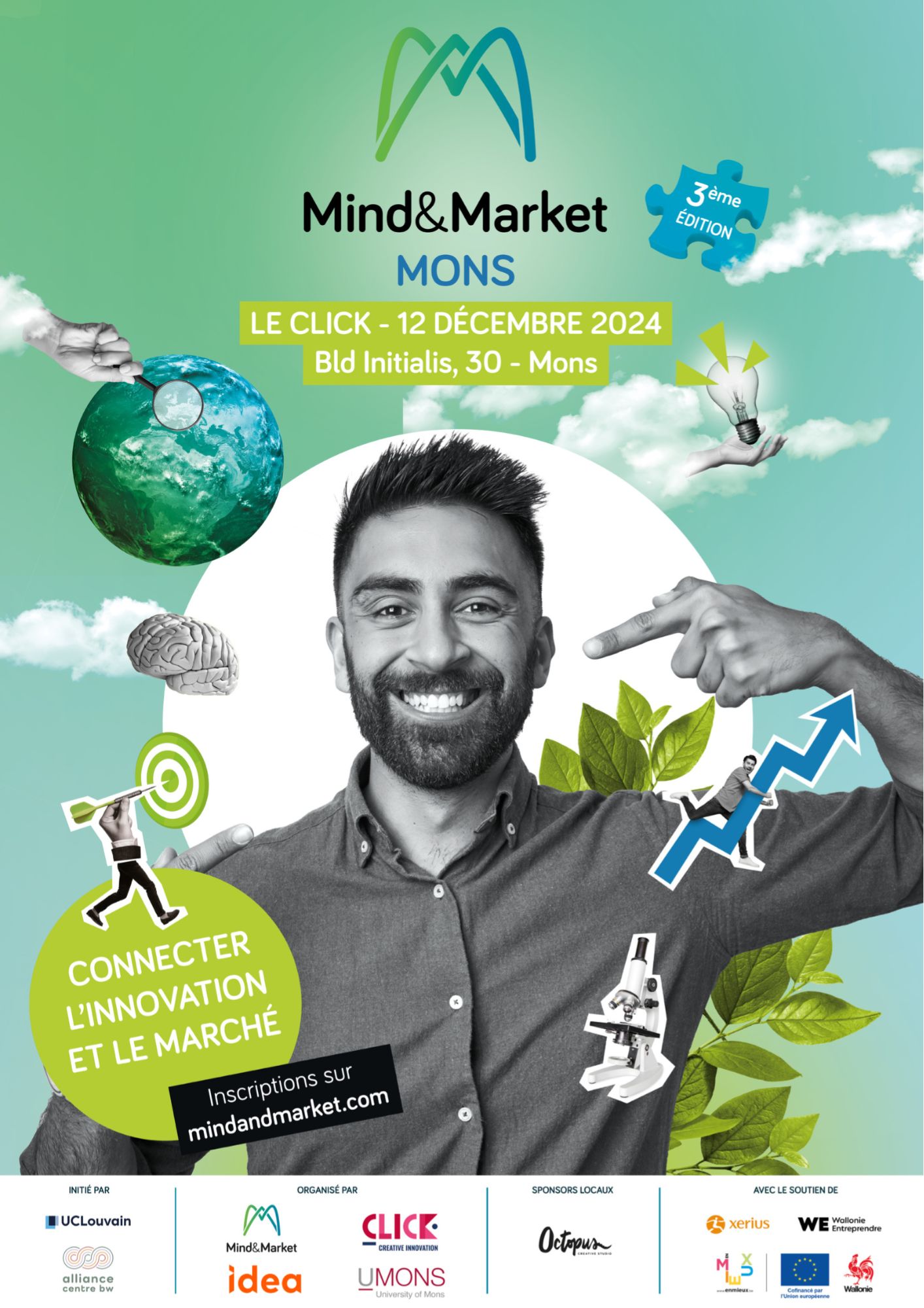 Affiche du forum Mind&Market. Couleurs bleue et verte en dégradé. 