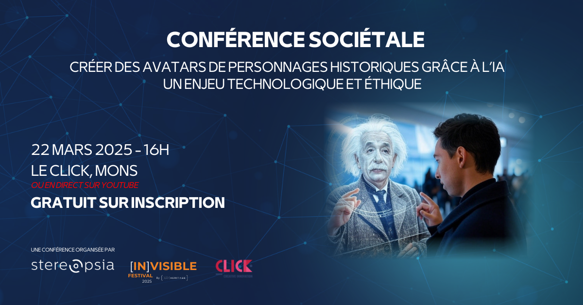 Affiche bleue avec les détails de l'événement et une image d'un homme conversant avec un avatar d'Einstein