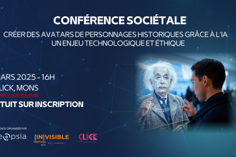 Affiche bleue avec les détails de l'événement et une image d'un homme conversant avec un avatar d'Einstein